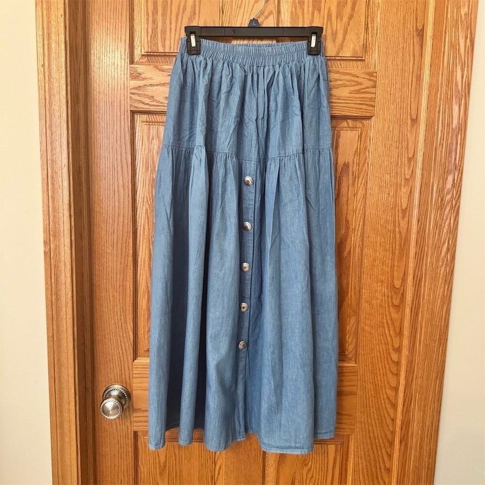 On the Verge Skirt Womens Size S Blue Chambray Denim Maxi Button Front
